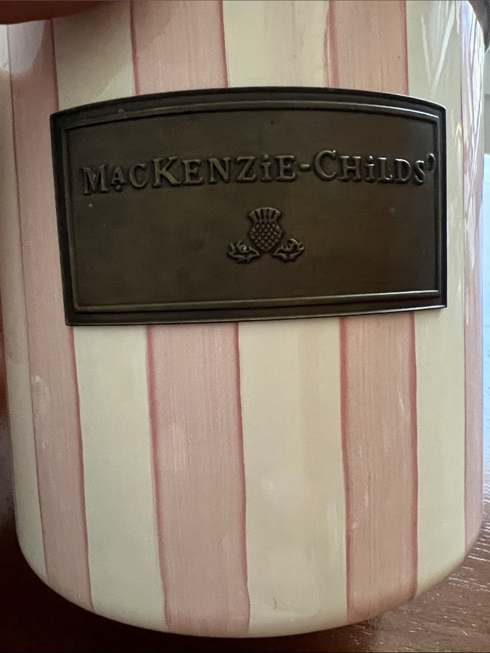 MacKenzie-Childs Pink and Cream Striped Canister with Floral Yellow Knob - Picture 4 of 9